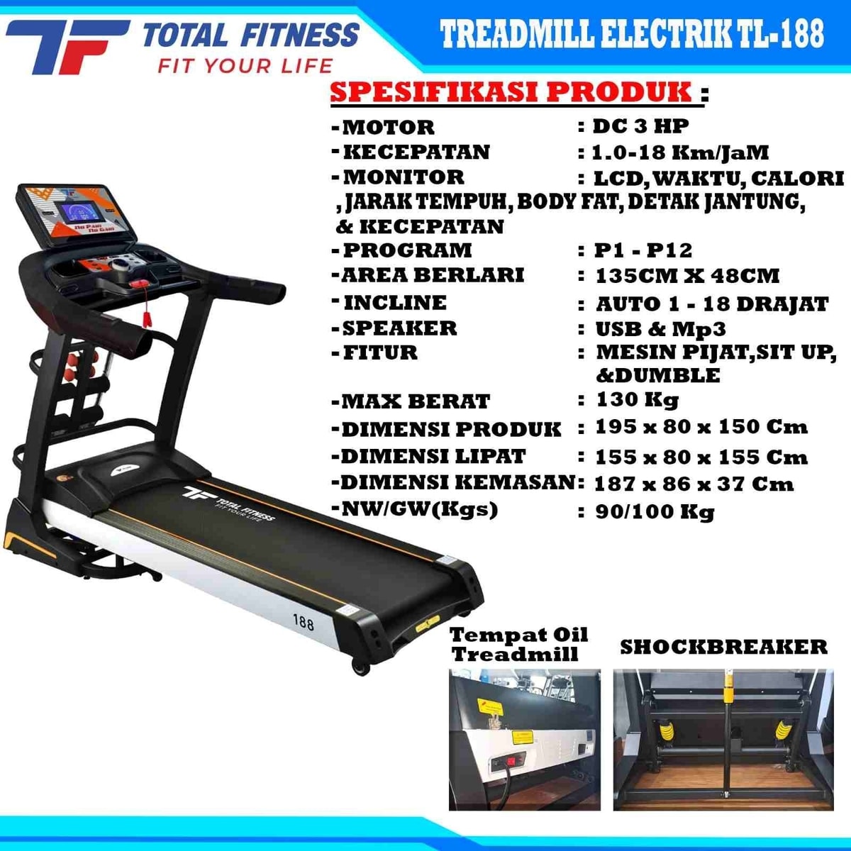 Treadmill Elektrik Multi Fungsi 
TL-188