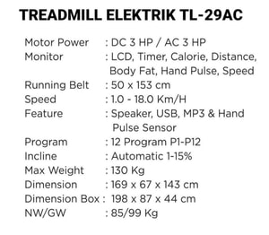 Spesifikasi Treadmill TL199